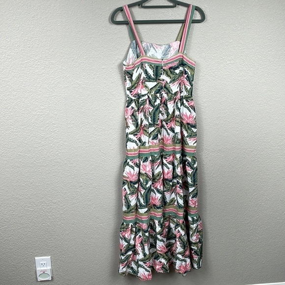 Loft Paradise Tropical Palm Tiered Maxi Dress Linen Hawaii Pink Green White Sz 4 - Picture 5 of 13